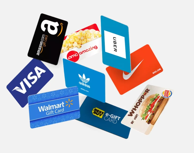 Gift cards from Amazon, Visa, Walmart, Uber, Nike, Adidas, Best Buy, AMC and Burger King