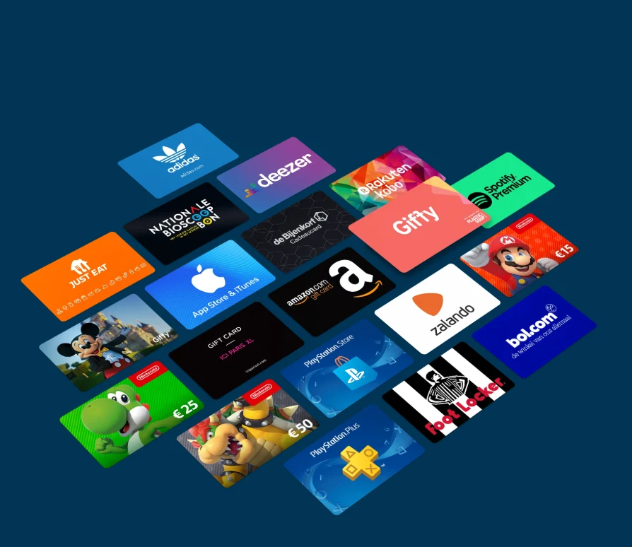 A collection of popular gift cards including Amazon, App Store, PlayStation, Spotify and more